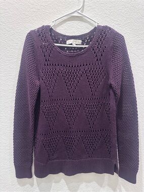LOFT Plum Open-Knit Crewneck Sweater